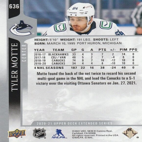 Tyler Motte - 2020/2021 Upper Deck Extended Series Hockey Card - Picture 2 of 2